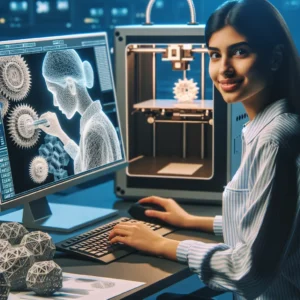 Projektantka pracuje przy modelowaniu 3D CAD, widok drukarki i wizualizacji medycznych na monitorze