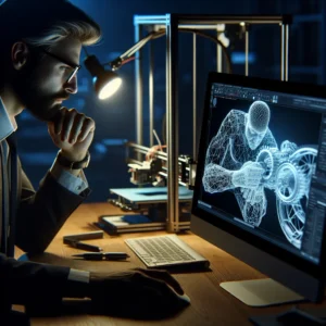 Inżynier przy komputerze projektuje model 3D w CAD, wizualizacja mechanizmu na ekranie, prototypowanie