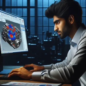 Inżynier pracuje przy komputerze, symulacja mechaniczna 3D na ekranie w biurze projektowym